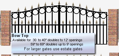 Bow Top 
 Available for  30  to 40” doubles to 12’ openings 
                     59” to 69” doubles up to 9’ openings
For larger gates use estate gates


